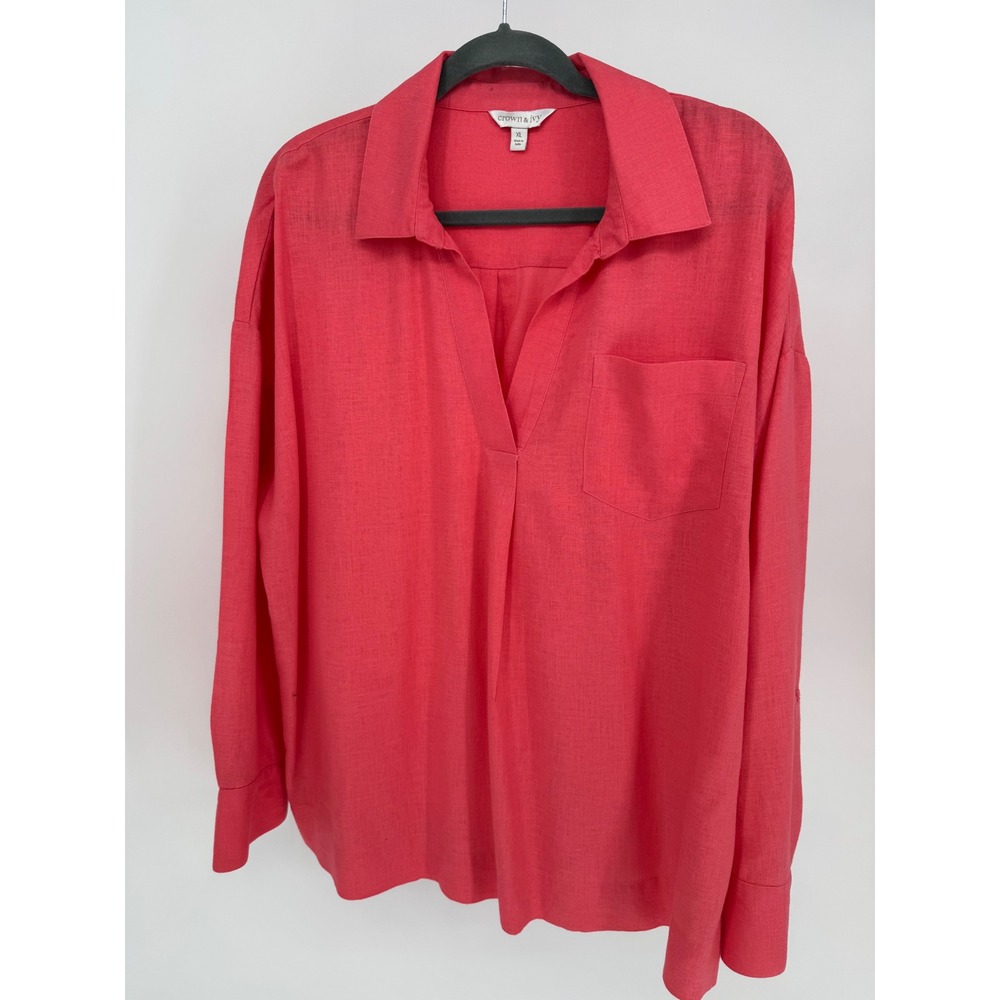 Crown & Ivy Coral Linen Blend V-Neck Long Sleeve Shirt‎ Women's XL